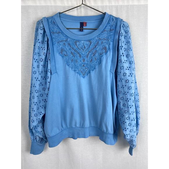 Anthropologie Top Blue Eyelet Lace Pullover Boho Chic Western Rodeo Feminine - Picture 1 of 8
